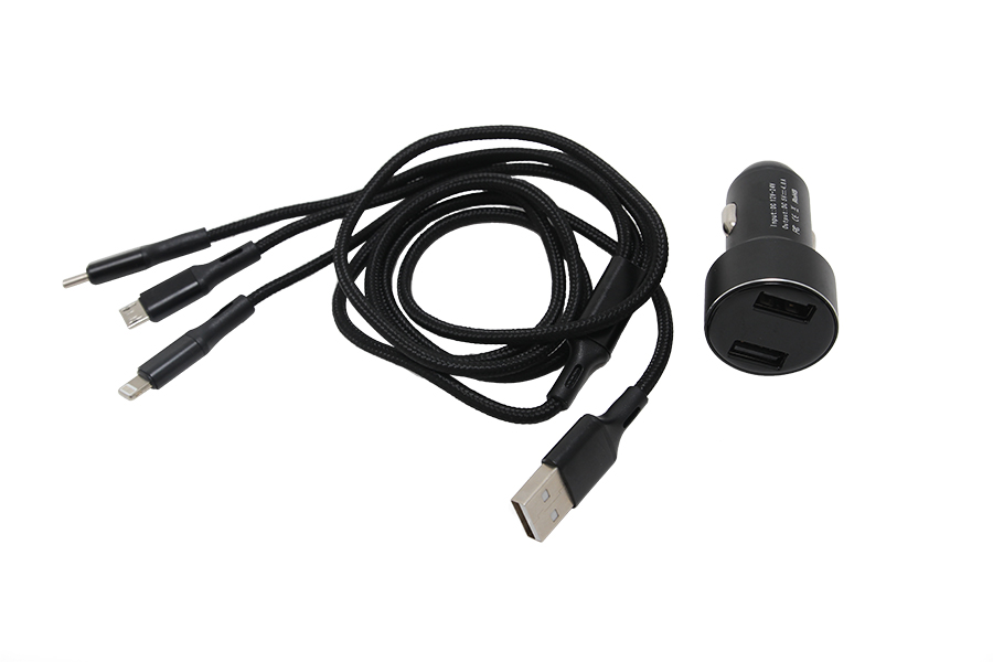 Bộ sạc ĐT 2 cổng + dây sạc 3 đầu C74 - 4.8A (Ip4 - Ip5 - micro USB - Type C) C74 đen
